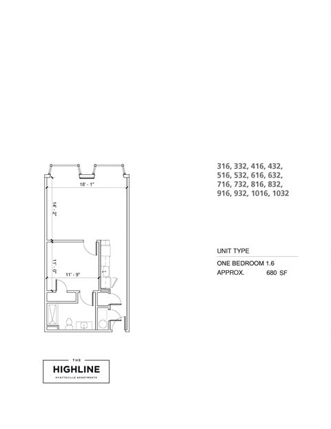 Floor plan for 1 bed, 1 bath, 665 sqft